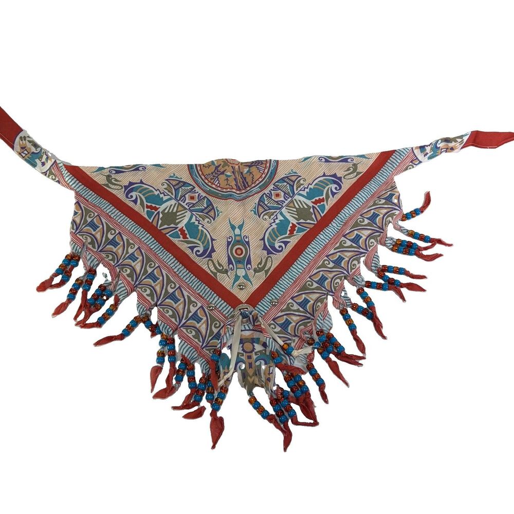 Vintage Handmade Cowgirl Beaded Bandana Southwest print Fringed Scarf Native